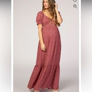 Pink Floral Puff Sleeve Maternity Maxi Dress